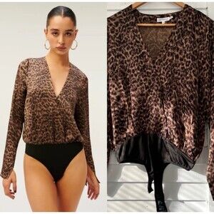 Good American Animal Print Satin Wrap Long Sleeve V-Neck Bodysuit Sz 1 (small)